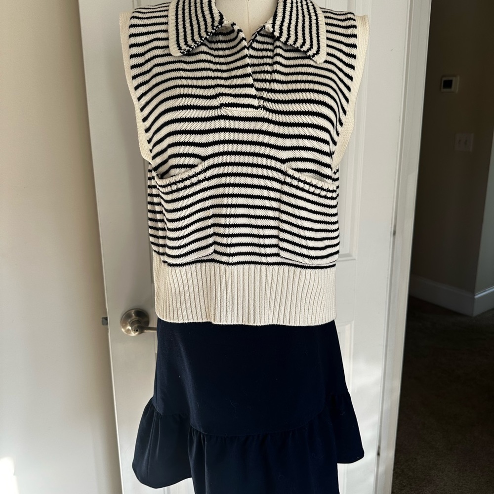 Mango Navy and Cream V-Neck Sweater